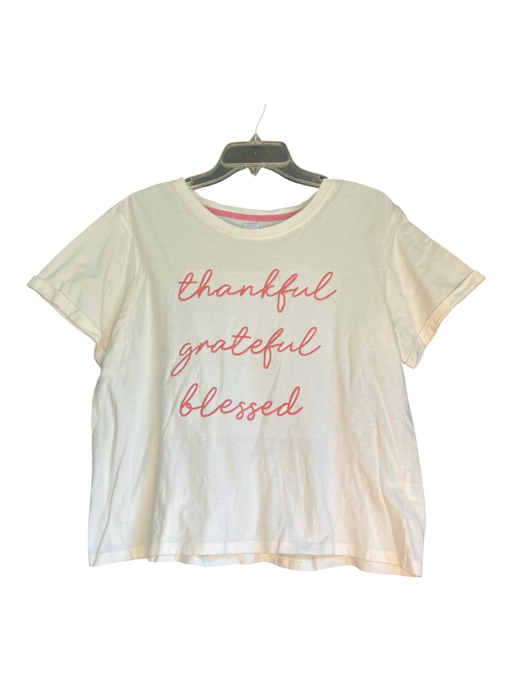 Sweet Soul Thankful Grateful Blessed Graphic Tee Off White Pink Cursive Cotton L